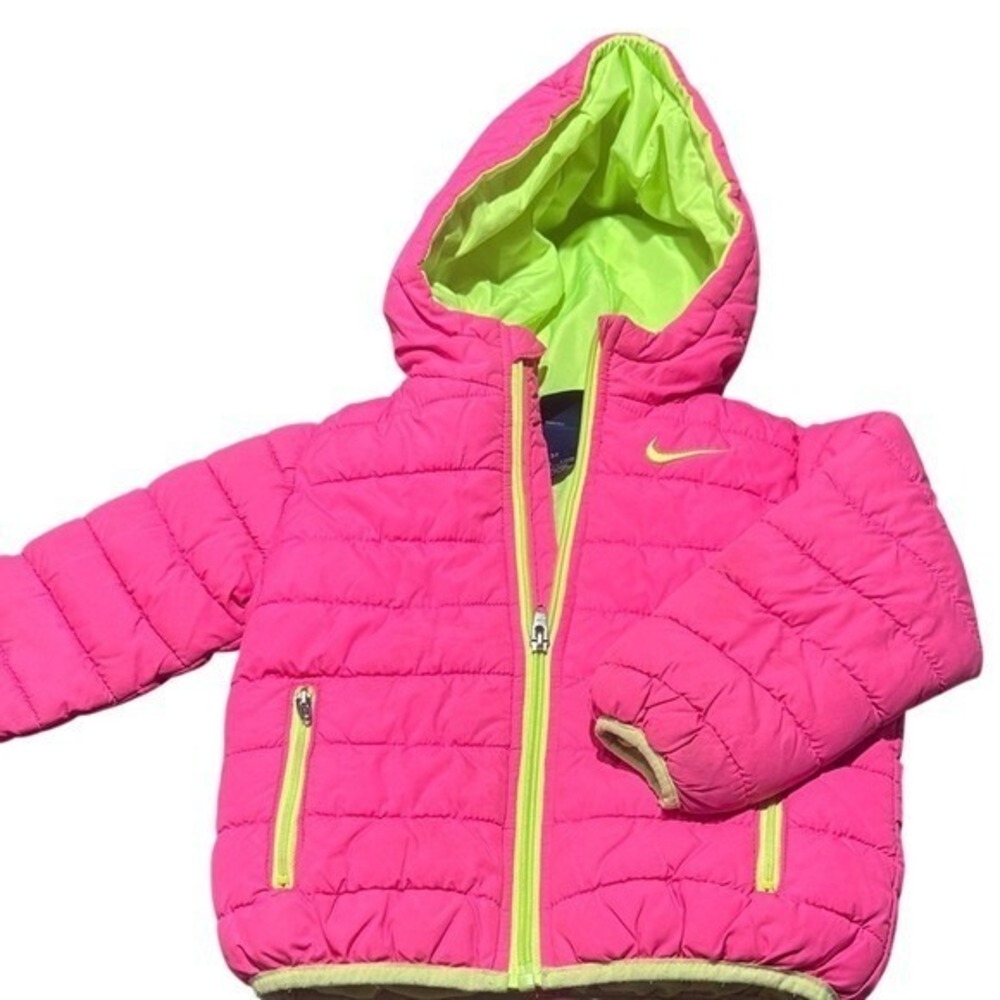 Nike Kids Pink Neon Lime Green Hooded Puffer Jacket Zip Up Coat 3T A728-AA8